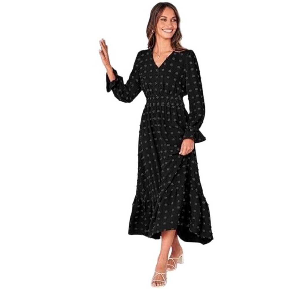 Escalier Elegant Womens Black Swiss Dot Long Sleeve Maxi Dress Size S-Smocked